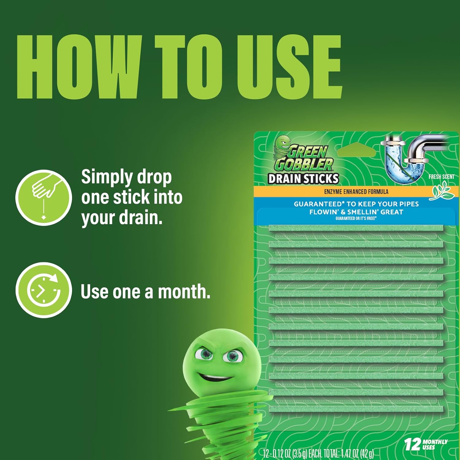 Instructions for Green Gobbler drain sticks with enzyme enhanced formula guaranteed to keep your pipes smelling go