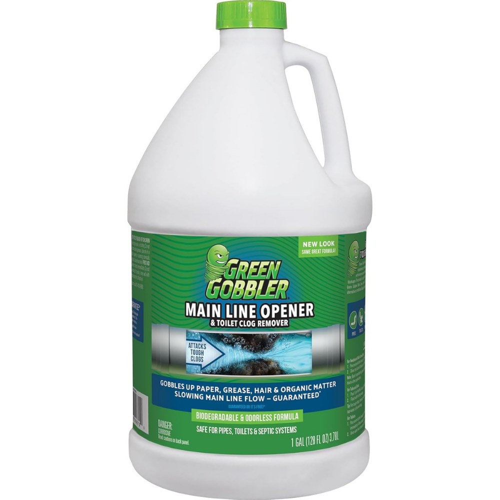 1 Gallon of Green Gobbler main line opener and toilet clog remover with biodegradable & odorless formula. 