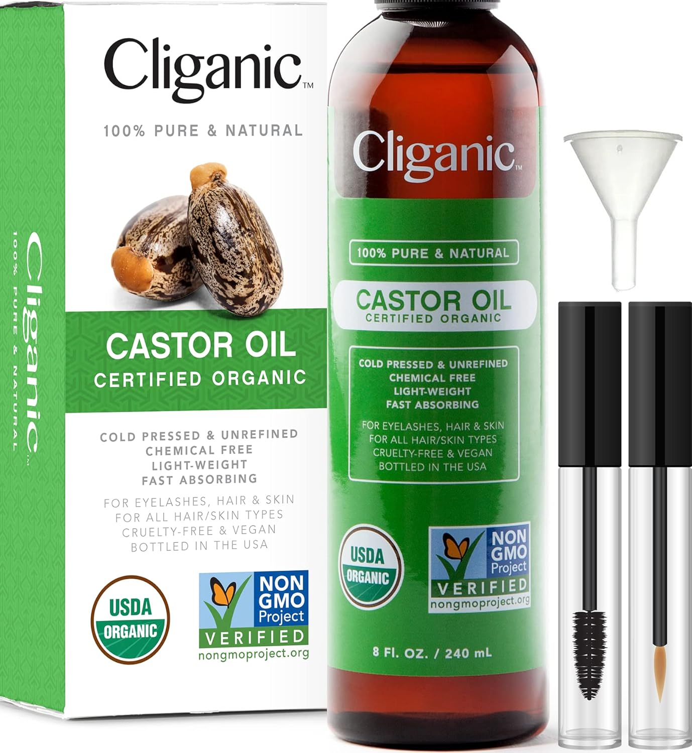 Cliganic Organic Castor Oil, 100% Pure | 240ml with Eyelash Kit