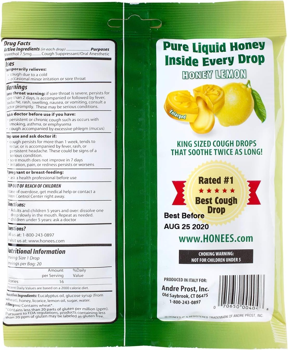 Honees Honey Lemon Menthol Cough Drops | 20 Piece