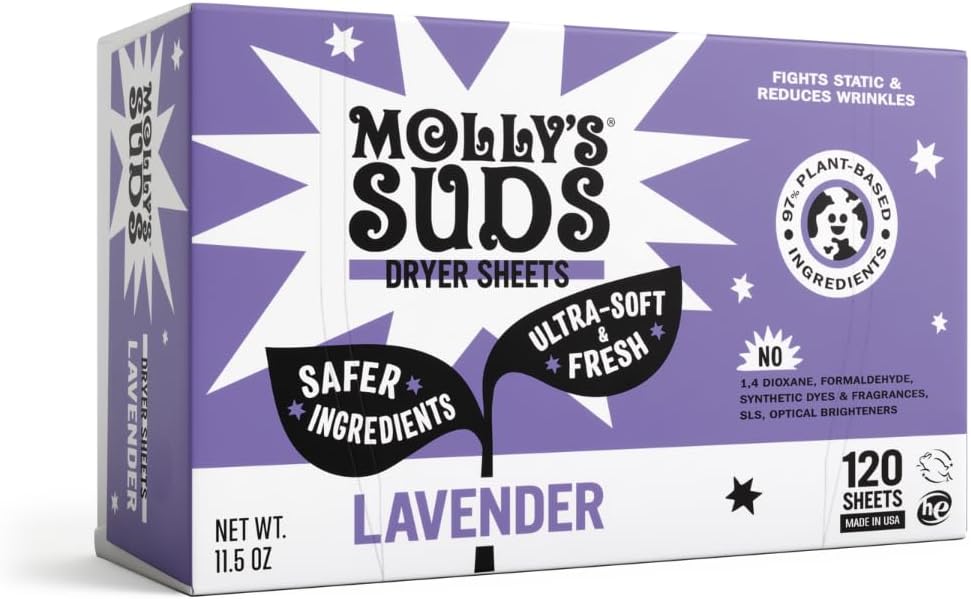 Molly's Suds Fabric Softener Dryer Sheets for Sensitive Skin | Lavender | 120 Sheets