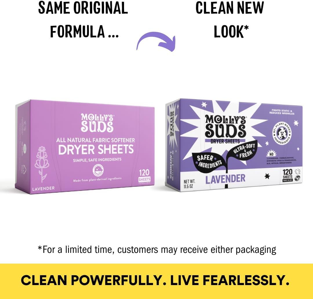 Molly's Suds Fabric Softener Dryer Sheets for Sensitive Skin | Lavender | 120 Sheets