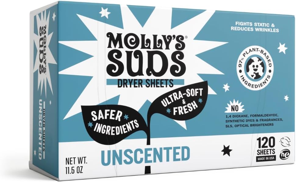 Molly's Suds Fabric Softener Dryer Sheets for Sensitive Skin | Unscented | 120 Sheets