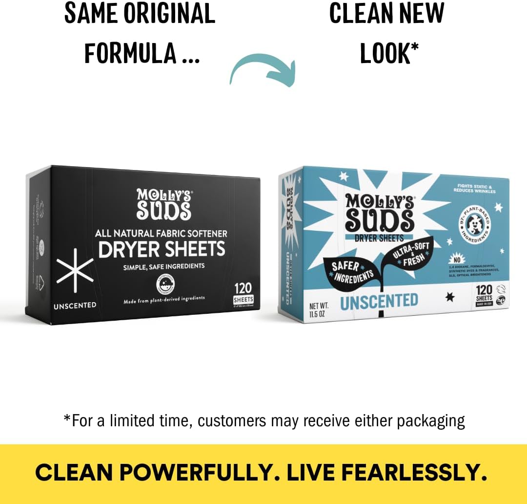 Molly's Suds Fabric Softener Dryer Sheets for Sensitive Skin | Unscented | 120 Sheets