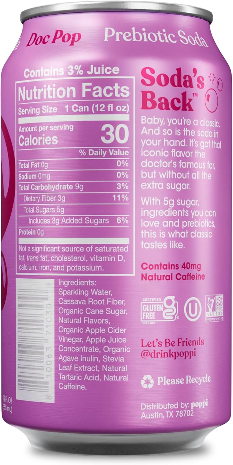 Poppi Sparkling Prebiotic Soda Beverage with Apple Cider Vinegar| Doc Pop Flavor | 12 Oz | Pack of 12