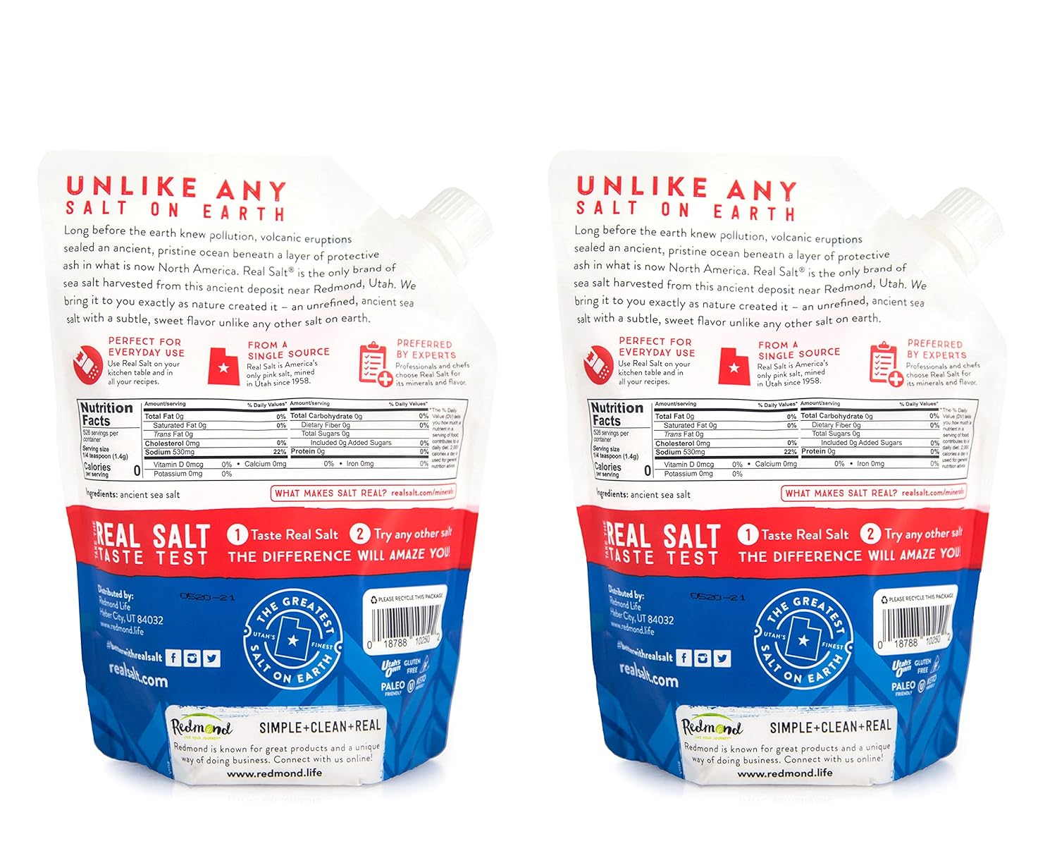 Redmond Real Salt, Ancient Fine Sea Salt, Unrefined Mineral Salt, 26 Ounce Pouch (2 Pack)