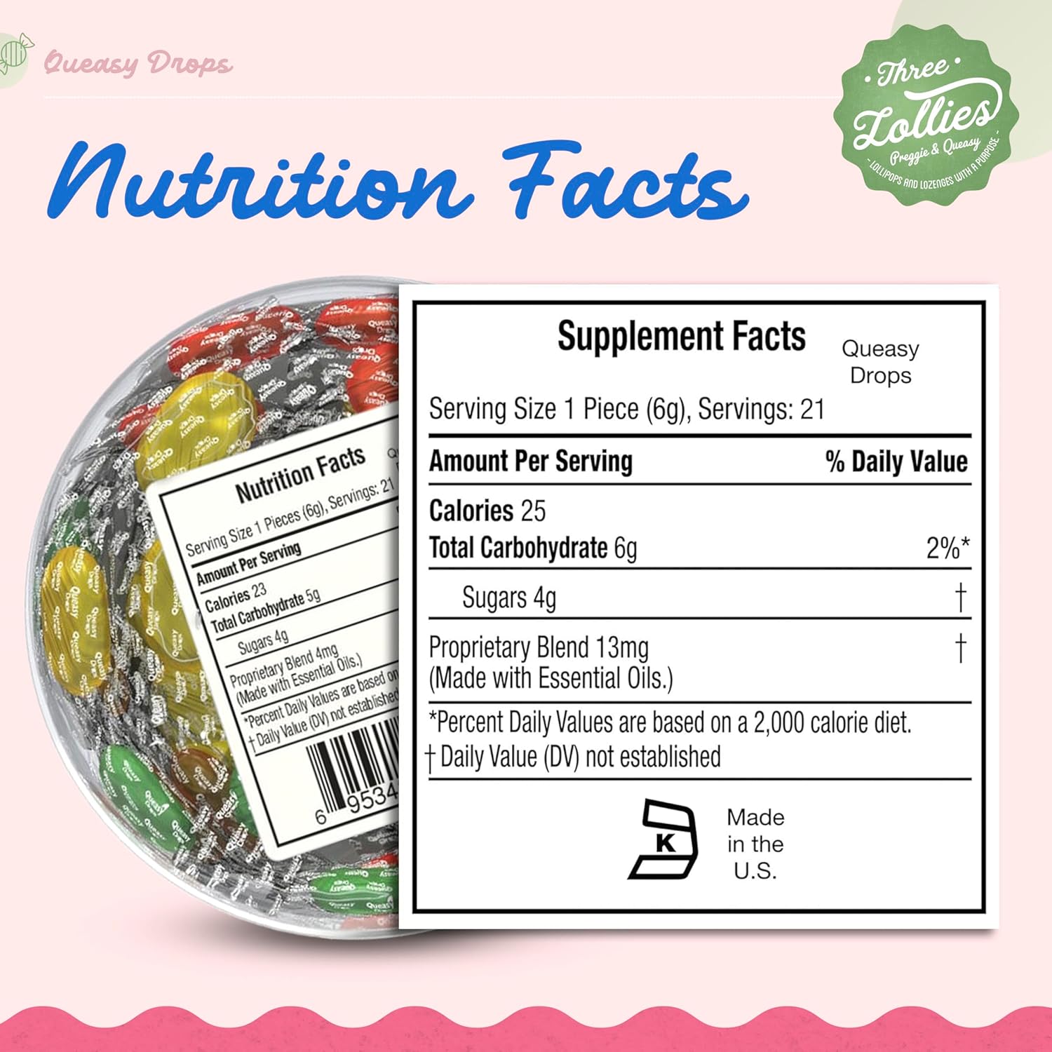 Three Lollies Queasy Drops for Nausea Relief | Assorted | 21 Count