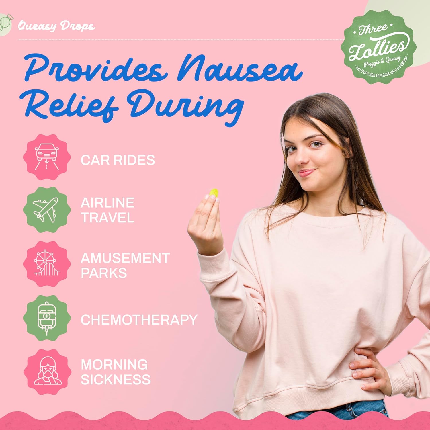 Three Lollies Queasy Drops for Nausea Relief | Assorted | 21 Count