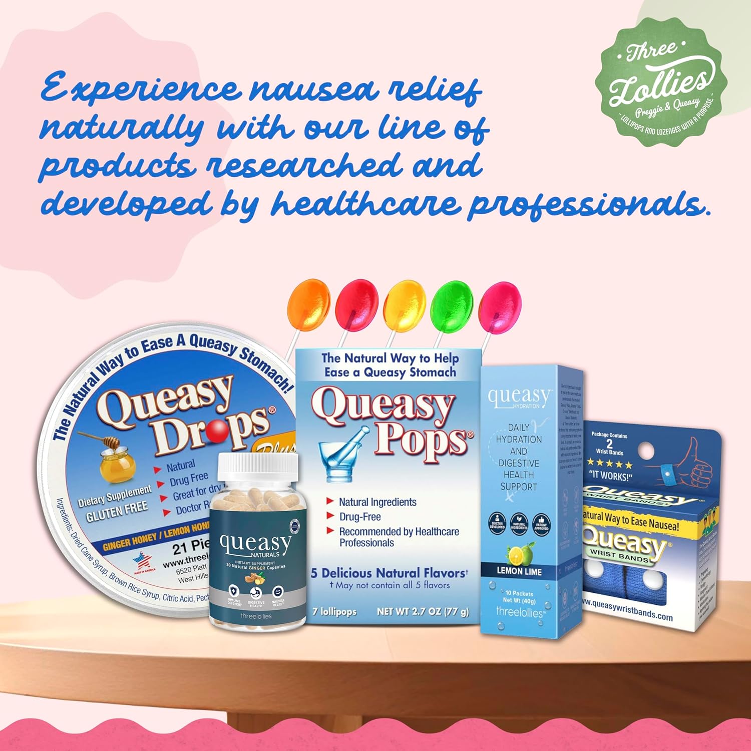 Three Lollies Queasy Drops for Nausea Relief | Assorted | 21 Count