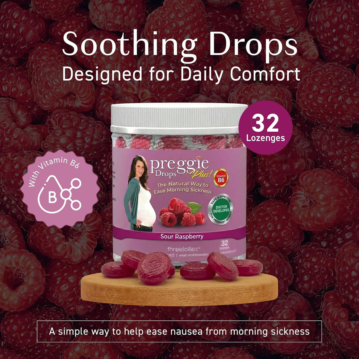 Threelollies Preggie Drops Plus | Sour Raspberry | 32 Lozenges