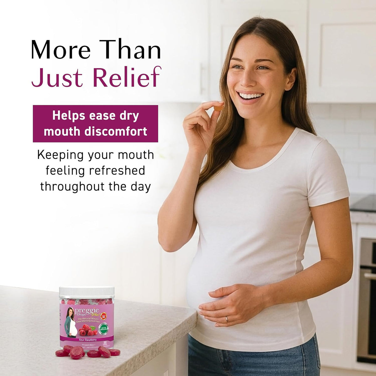 Threelollies Preggie Drops Plus | Sour Raspberry | 32 Lozenges