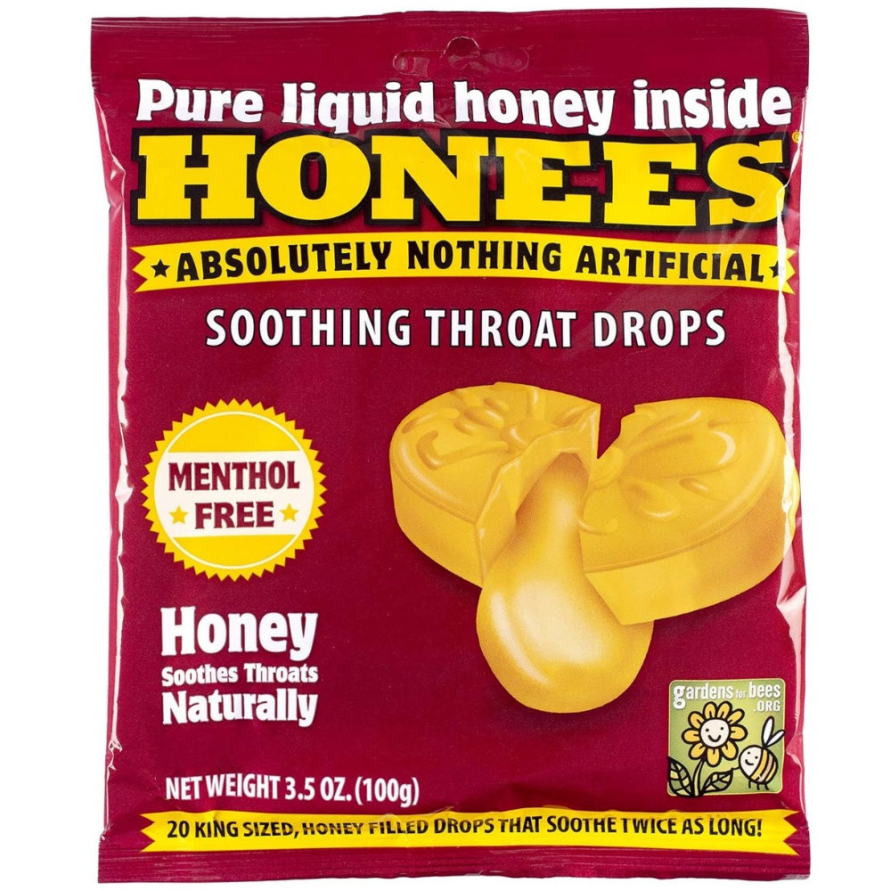 Package of Honees soothing throat drops, menthol free cough drops to soothe throats naturally