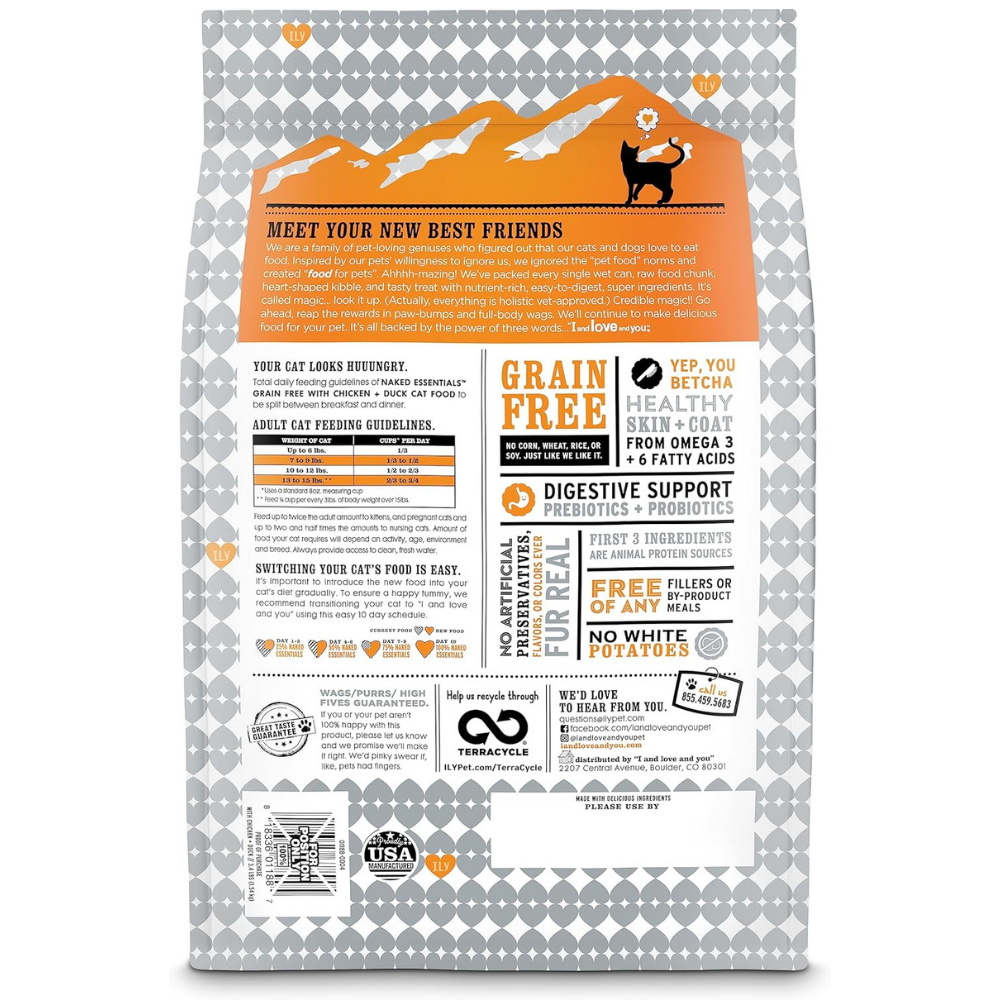 Back of a package of I and Love and You grain free cat food with guidelines, digestive support and information