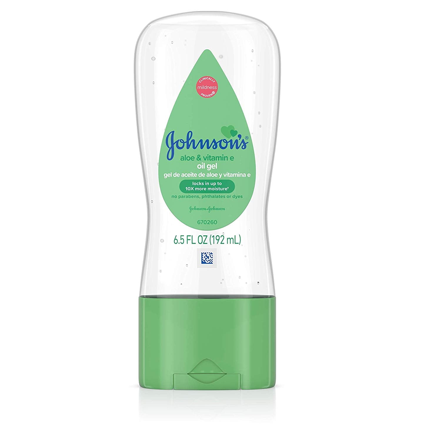 Bottle of Johnsons baby oil gel with aloe & vitamin e to lock up 10x more moisture - 6.5 fl oz