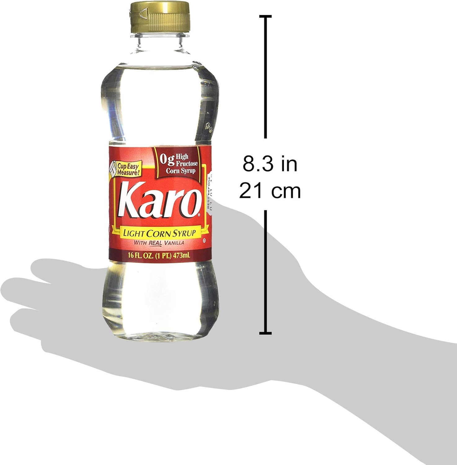 Kosher kart light corn syrup made with real vanilla, 21cm high bottle. 