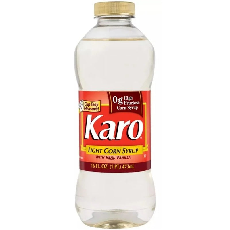 Bottle of Karo light corn syrup flavored with real vanilla and 0g high fructose. 