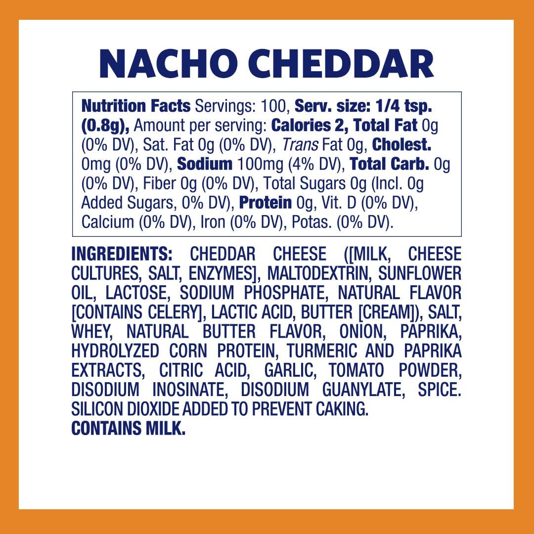 Nutrition facts and ingredients list for Kernel seasons nacho cheddar popcorn seasoning