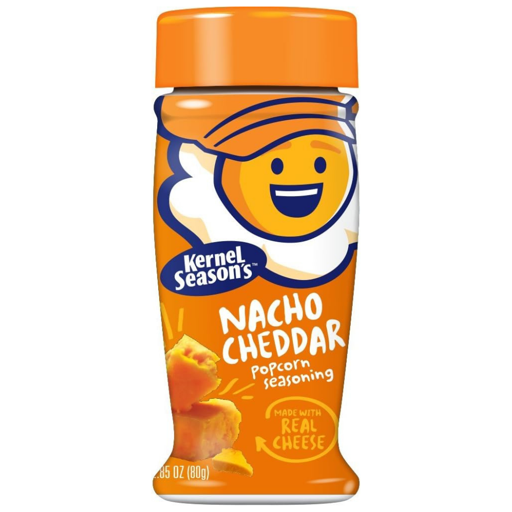 Tub of Kernel Season's nacho cheddar popcorn seasoning made with real cheese