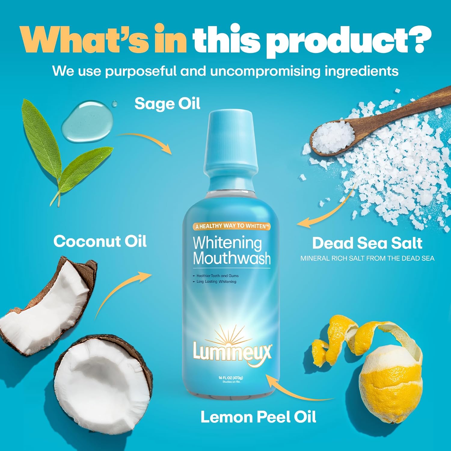 Lumineux Whitening Mouthwash bottle includes coconut oil, lemon peel oil, sage oil and Dead Sea salt