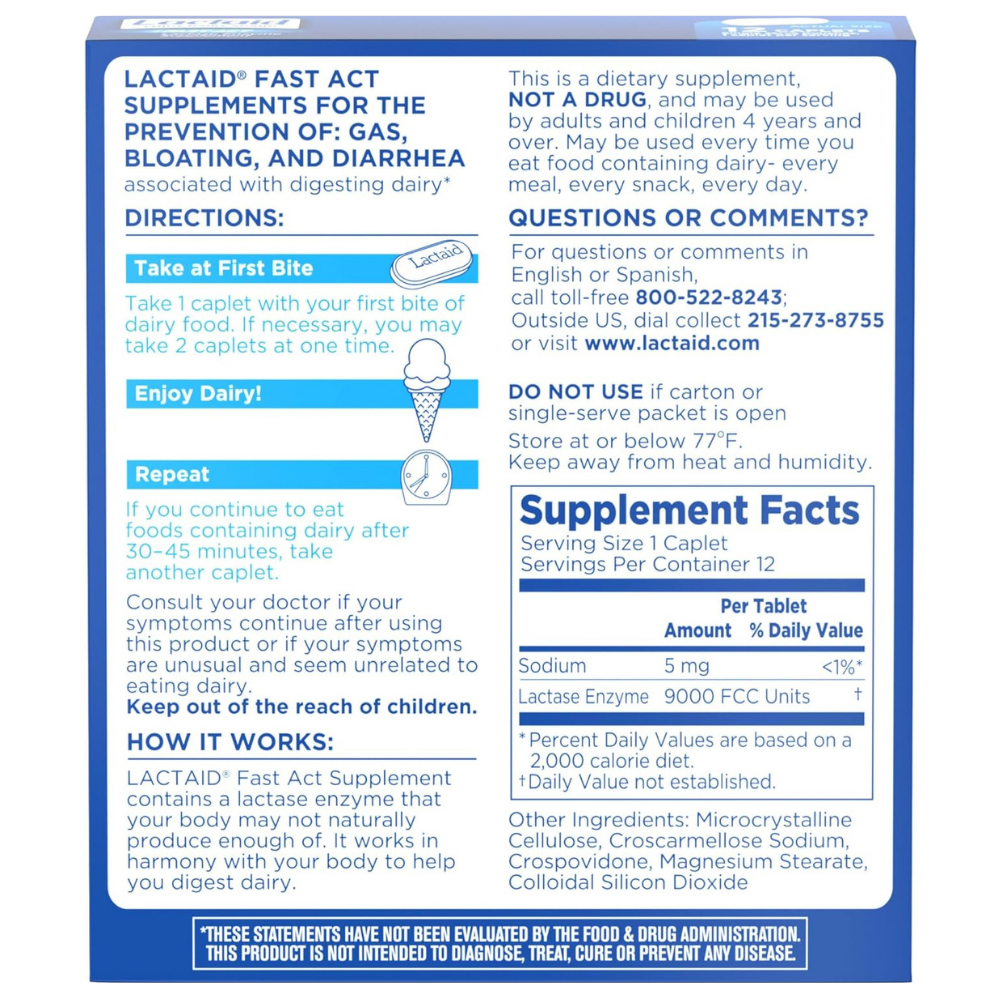 Back of box of Lactaid fast acting supplements for the prevention of gas, bloating and diarrhea 