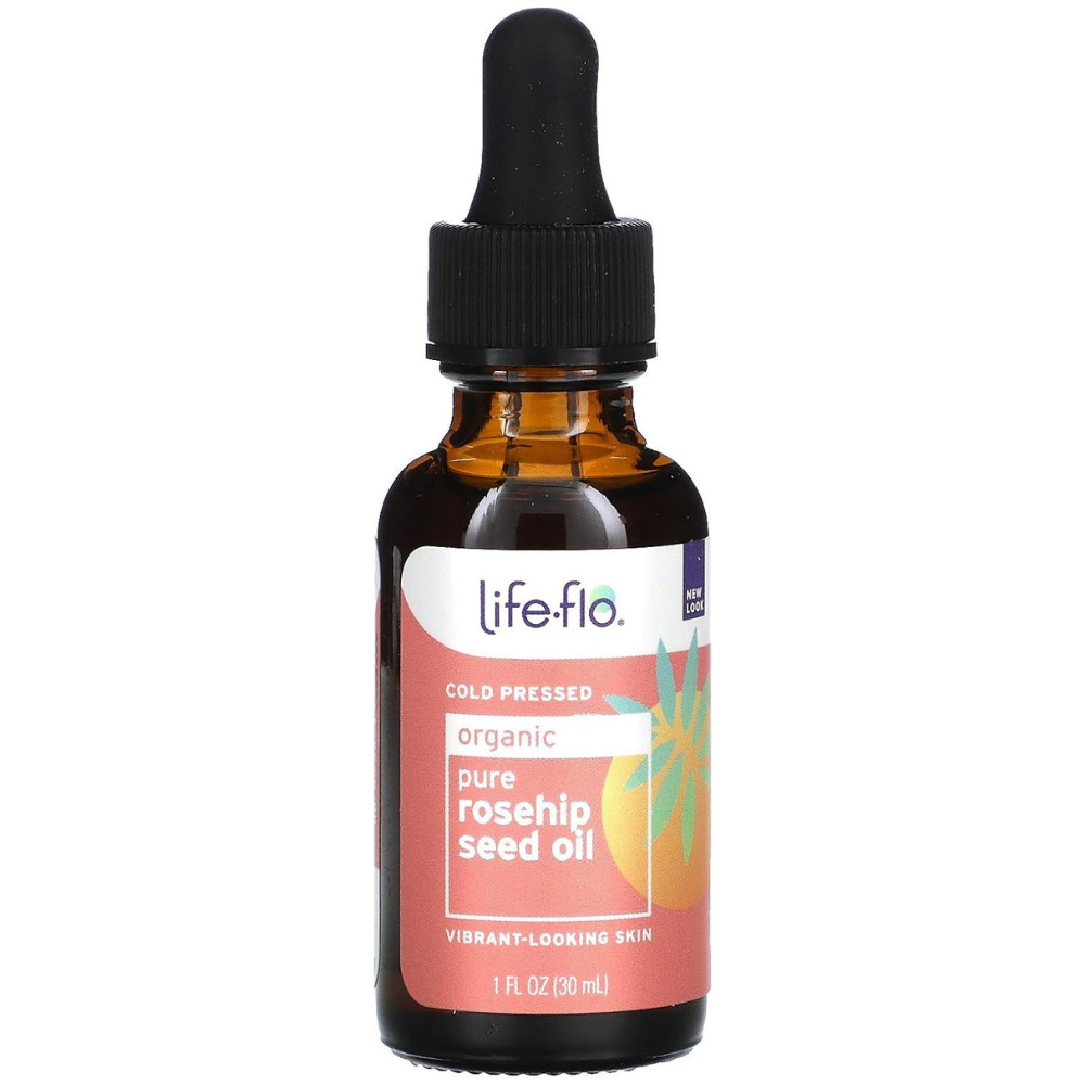 Bottle of Life-flo organic pure rosehip seed oil for vibrant looking skin