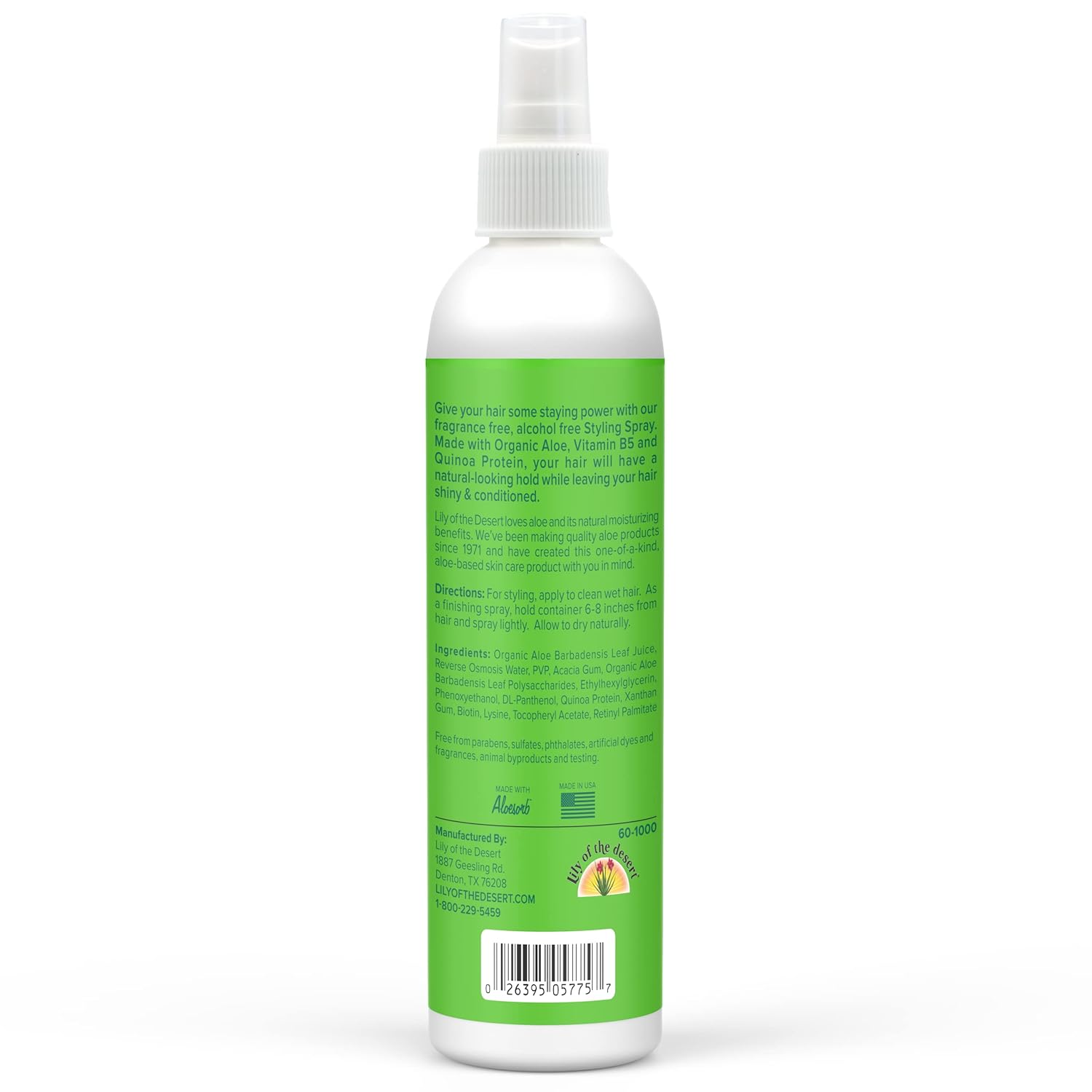 Back label on bottle of Lily of the Desert styling spray natural hold with aloe vera