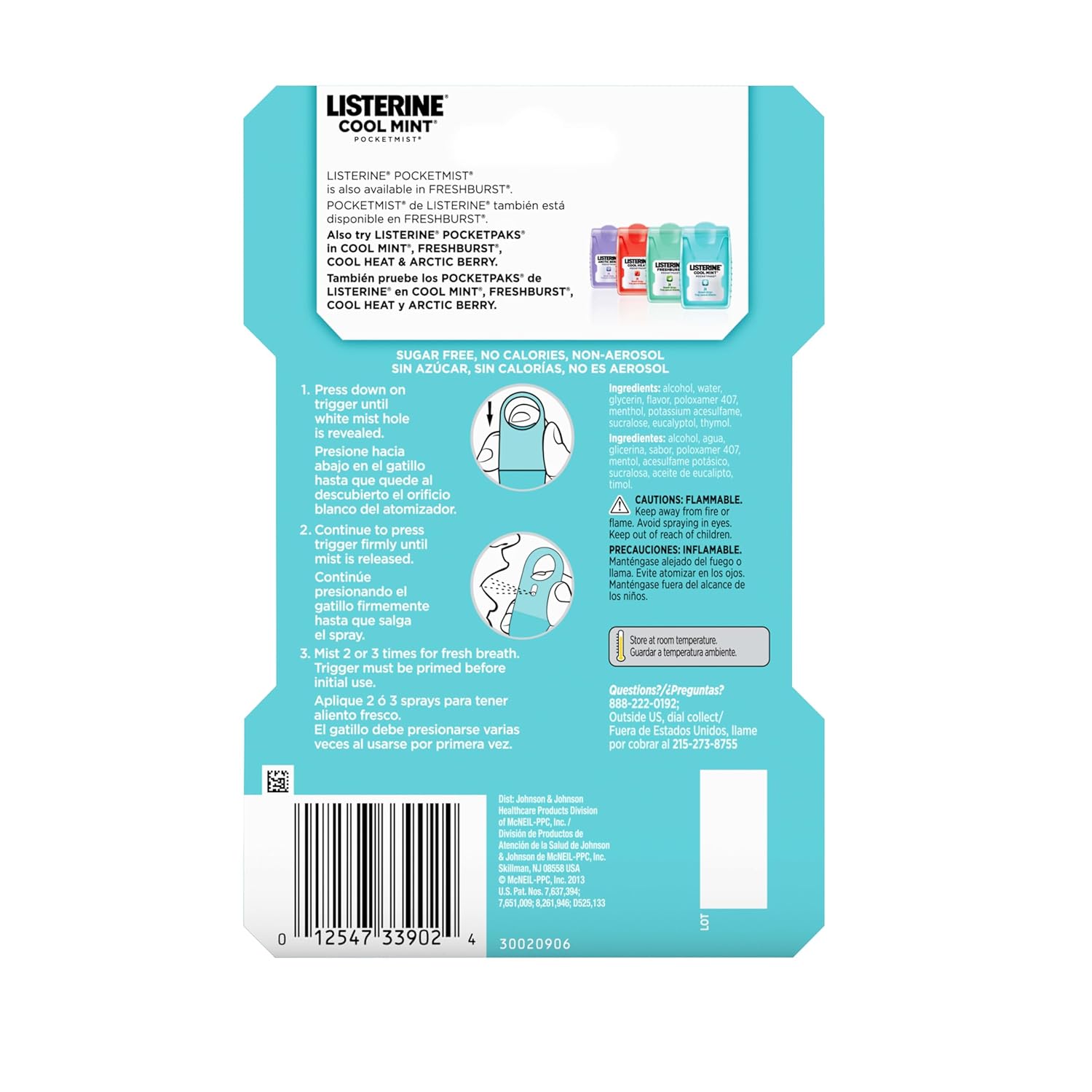 Back packaging of Listerine cool mint Pocketmist mist sprays for fresh breath. 