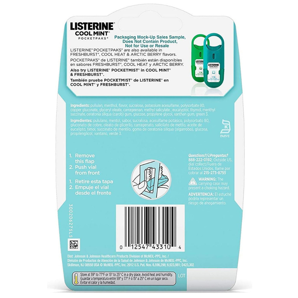 Back view of Listerine PocketPaks cool mint breath strips packaging. 