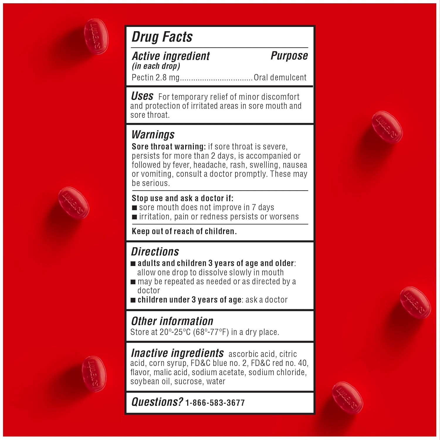 Drug facts label for Luden's Wild Cherry cough throat drops with active oral demulcent. 