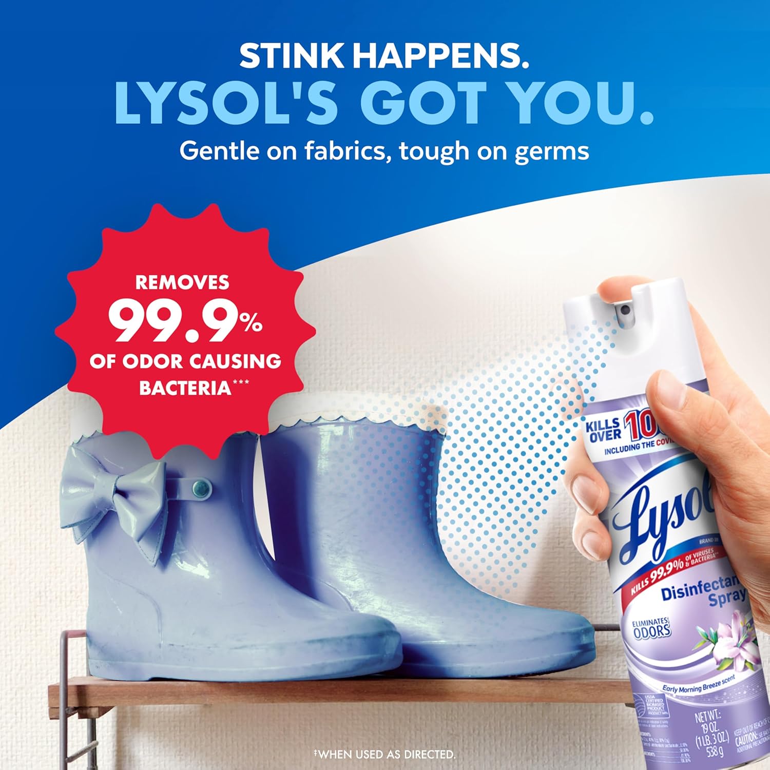 Lysol disinfectant spray - early morning breeze scent is great for odor elimination on fabrics and is tough on germs. 