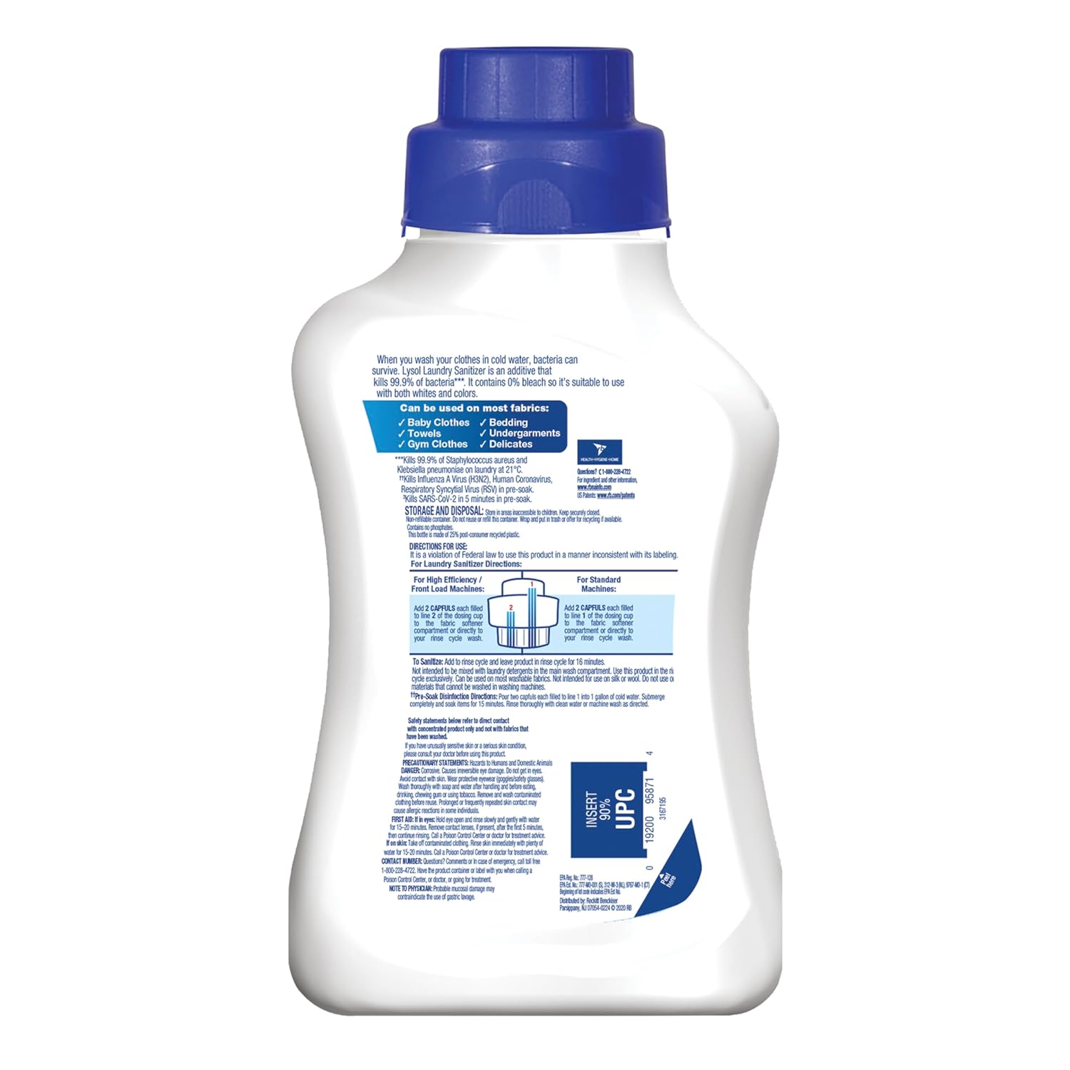 Back of bottle of Lysol laundry sanitizer additive with directions, informant and warning. 