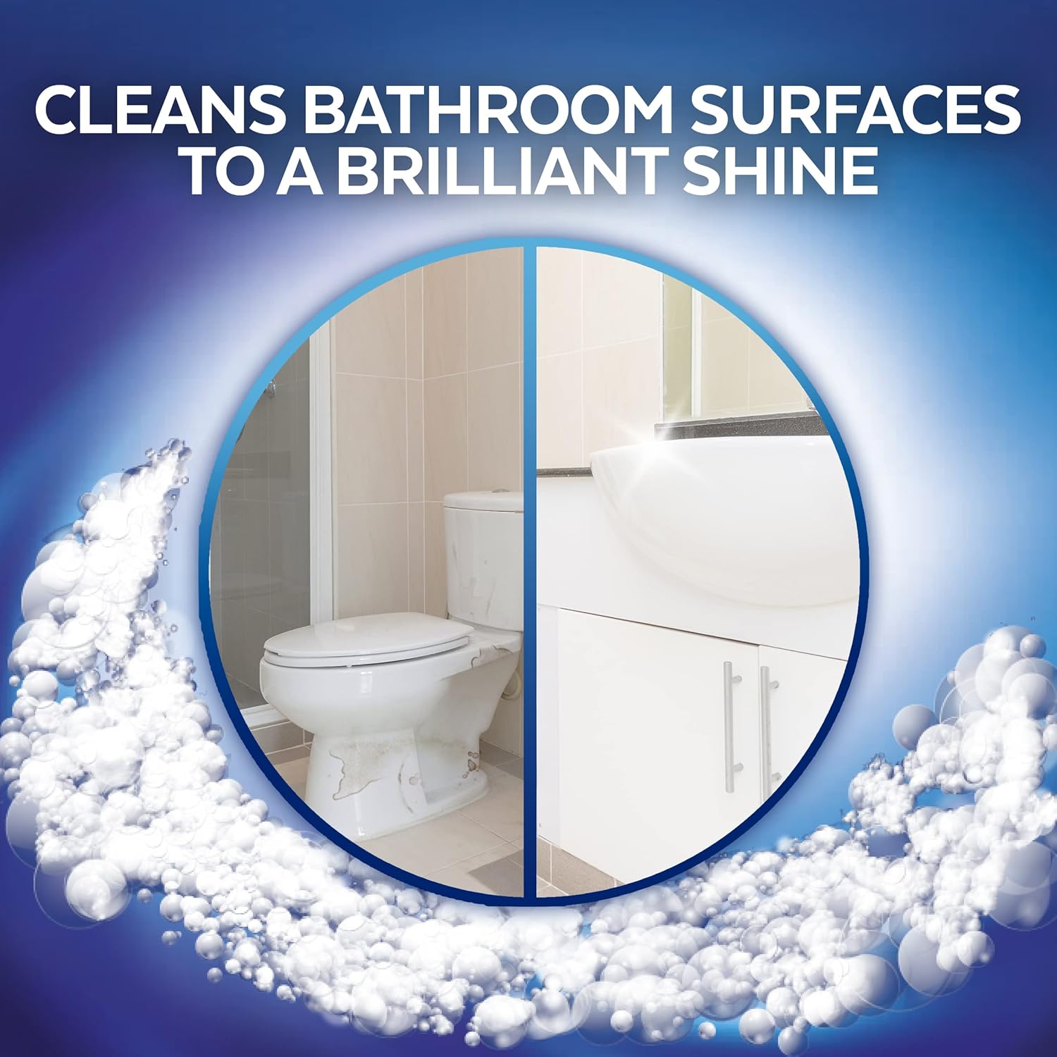Lysol power foam bathroom cleaner, cleans bathroom surface to a brilliant shine. 