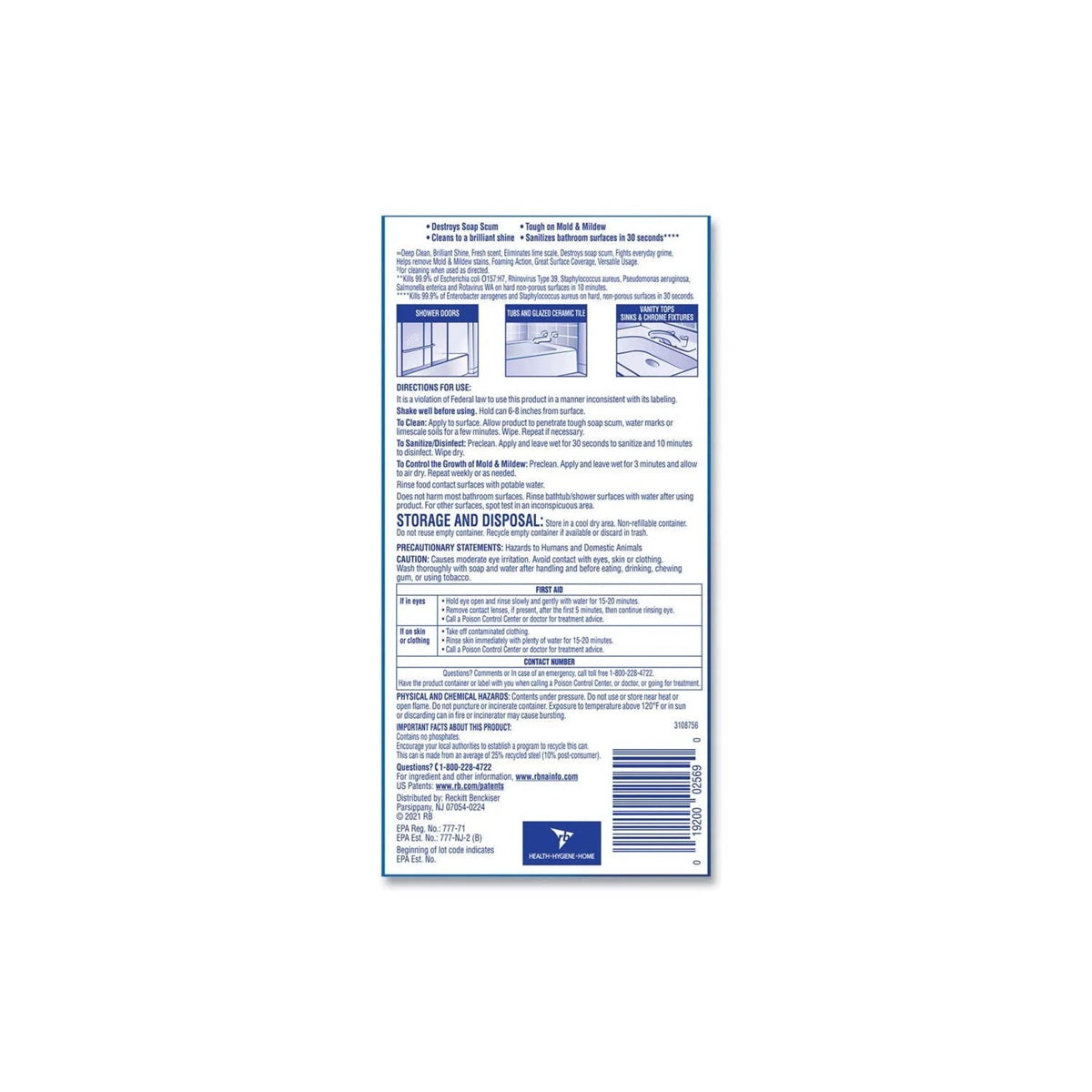 Lysol power foam bathroom cleaner back label including directions, storage and disposal. 