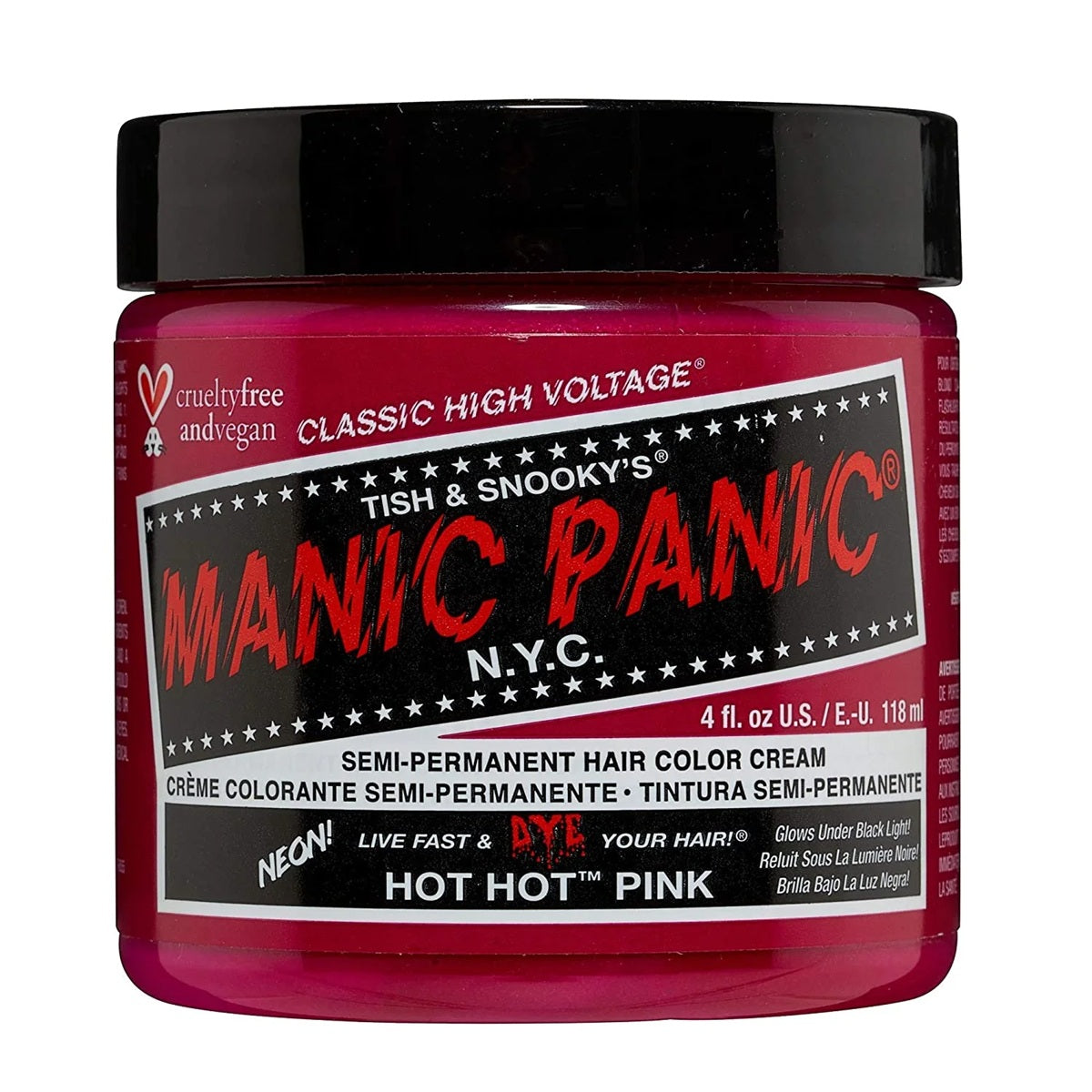 Manic Panic Hot Hot Pink hair color jar for semi-permanent hair color treatment. 