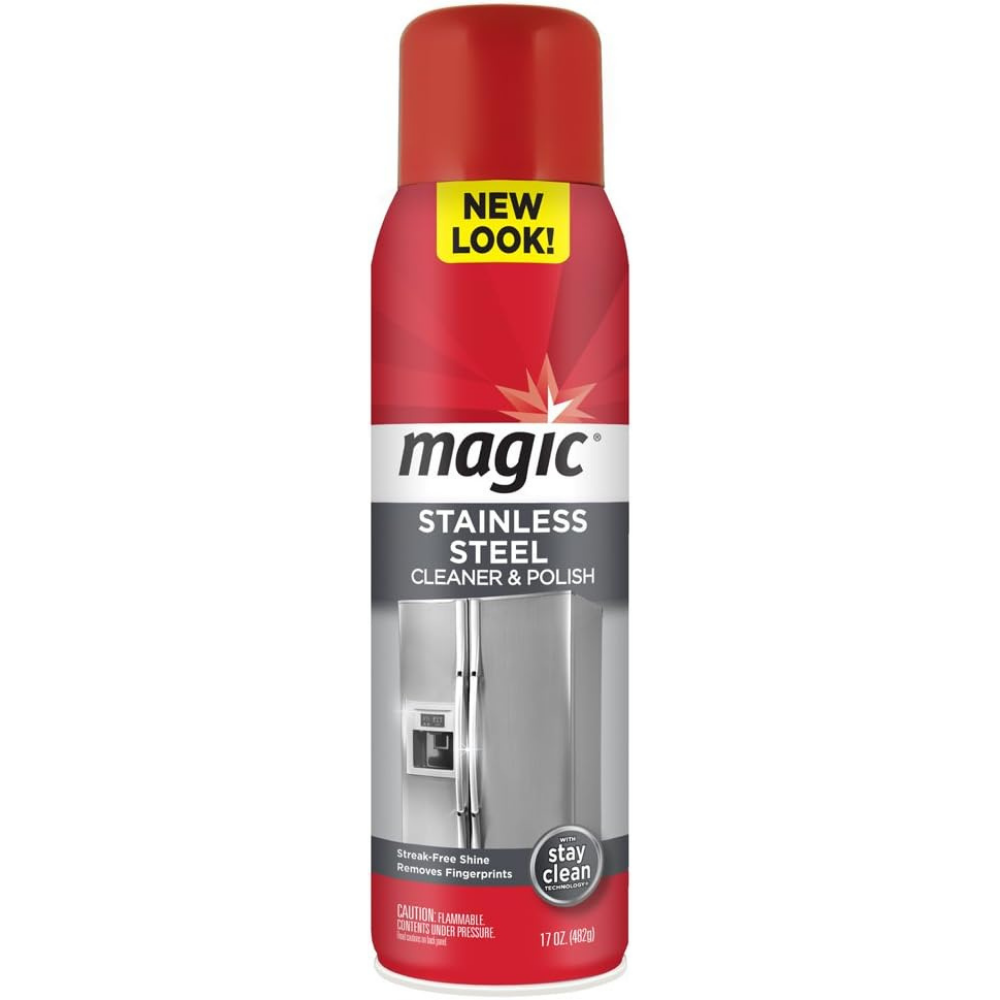 Red bottle of magic stainless steel cleaner & polish for streak-free shine. 