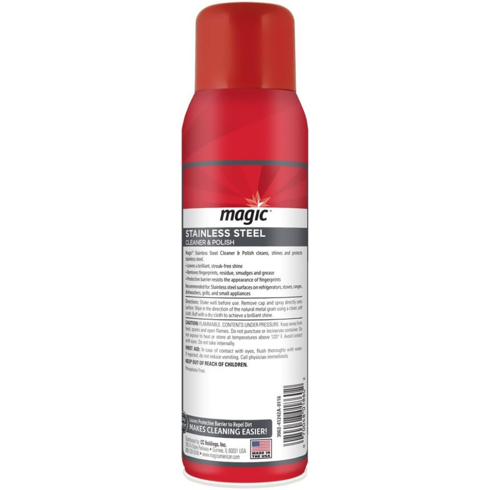 Back of Magic aerosol spray a stainless steel cleaner & polish to make cleaning easier. 