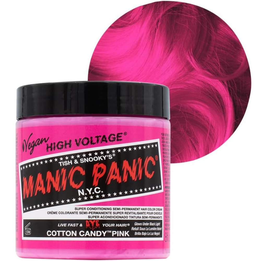 Vegan high voltage hair dye - tub of Manic Panic hair dye in cotton candy pink colour