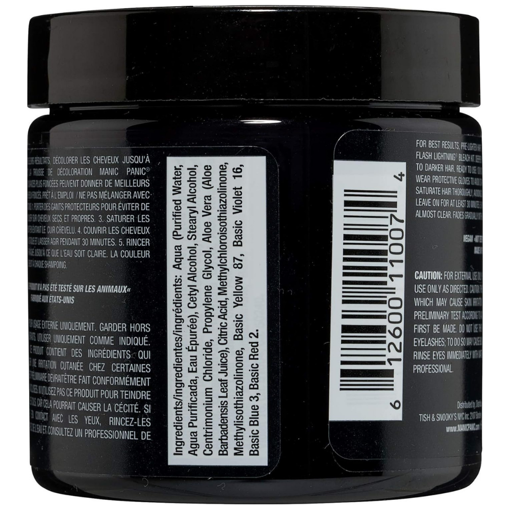Back of tub of Manic Panic high voltage hair dye cream with ingredients and caution labels