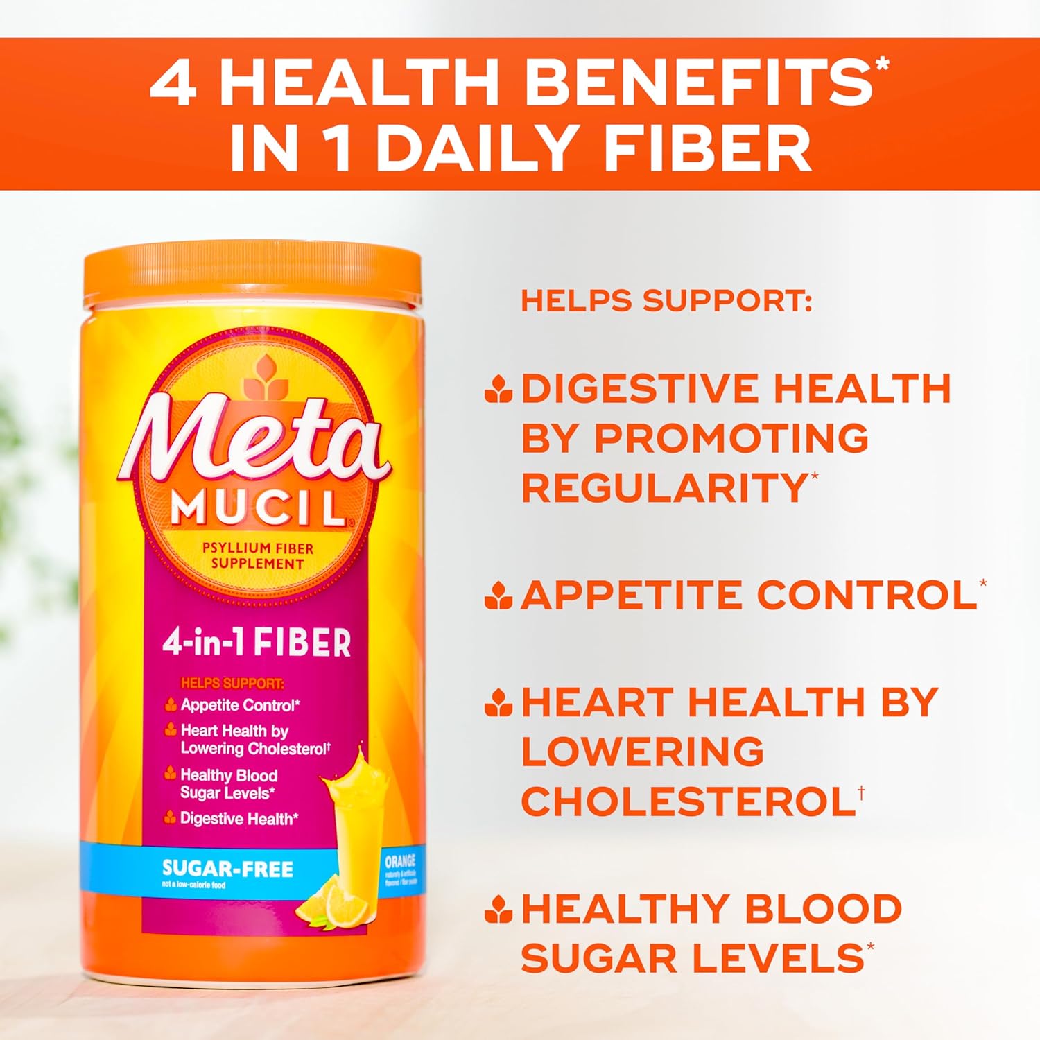 Sugar free Metamucil psyllium fiber supplement supports digestive health, appetite controls, hear health by lowering cholesterol and healthy blood sugar level.  