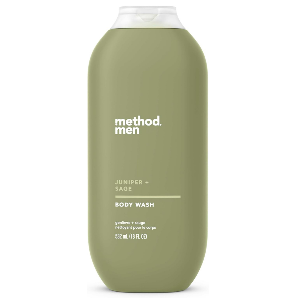 Green bottle of Method men body wash in a Juniper and Sage scent