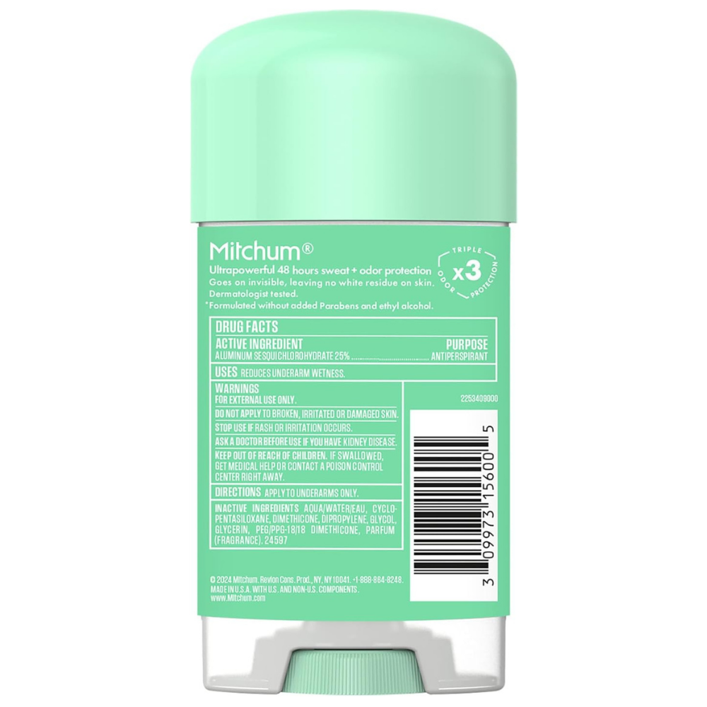 Back of stick of Mitchum powerful sweat & odor protection with drug facts and more