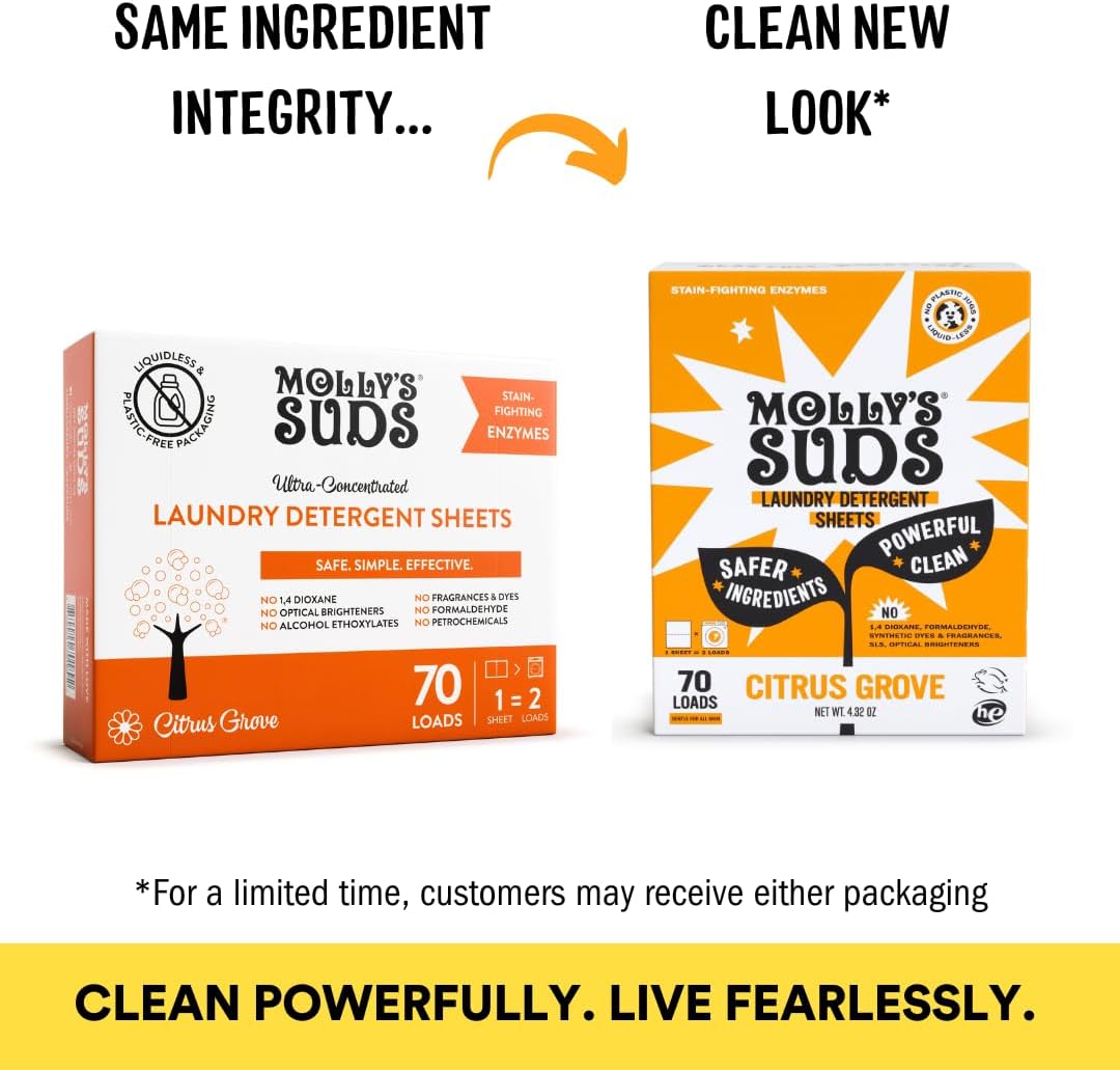 New packaging for the citrus grove Molly Suds laundry detergent sheets for a safer more powerful clean