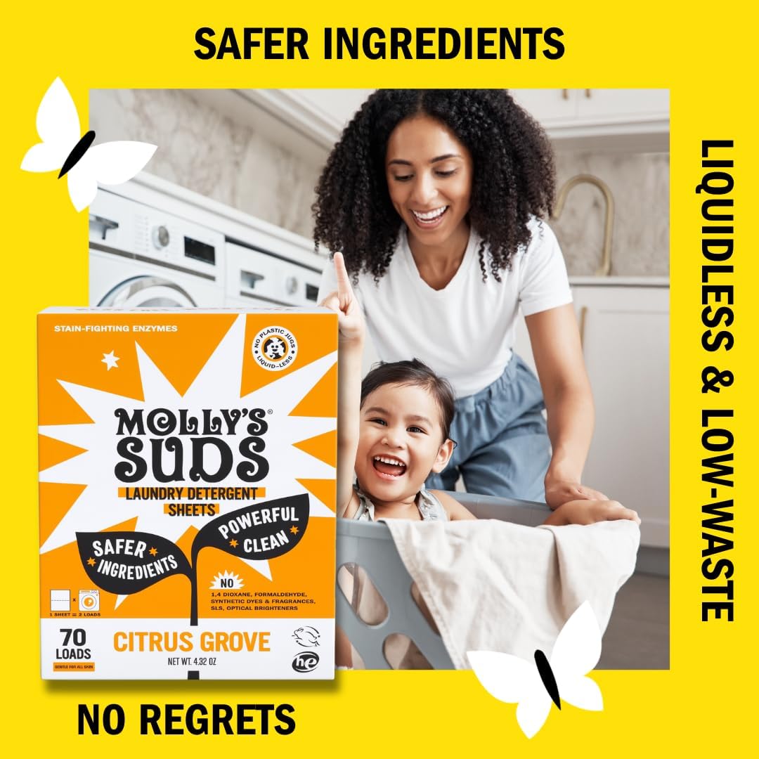 Molly's Suds laundry detergent sheets made with safer ingredients for a liquidless & low-waste wash