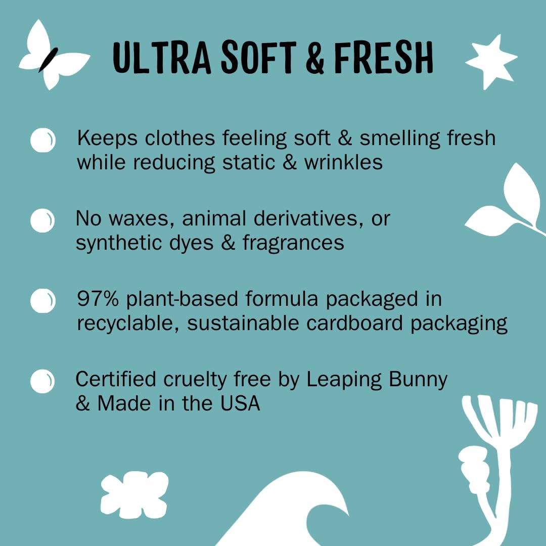Product description for Molly's Suds Fabric Softener Dryer Sheets to keep clothes feeling soft and smelling fresh