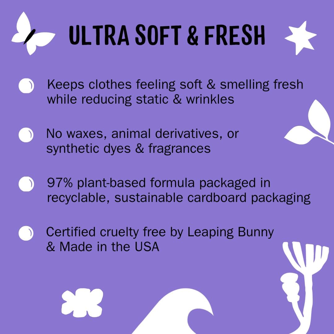 Product benefits for usage of Molly's Suds fabric softener dryer sheets in lavender scent