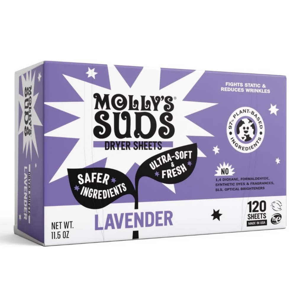 Box of Molly's Suds dryer sheets with lavender scent  for ultra-soft & fresh laundry