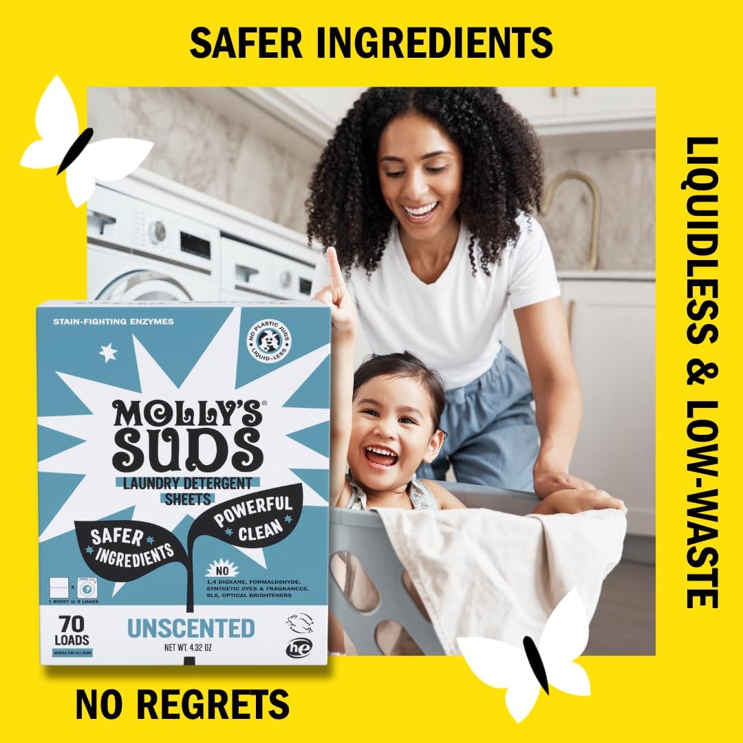 Molly's Suds laundry detergent sheets are made with safer ingredients for a liquidness & low waste wash