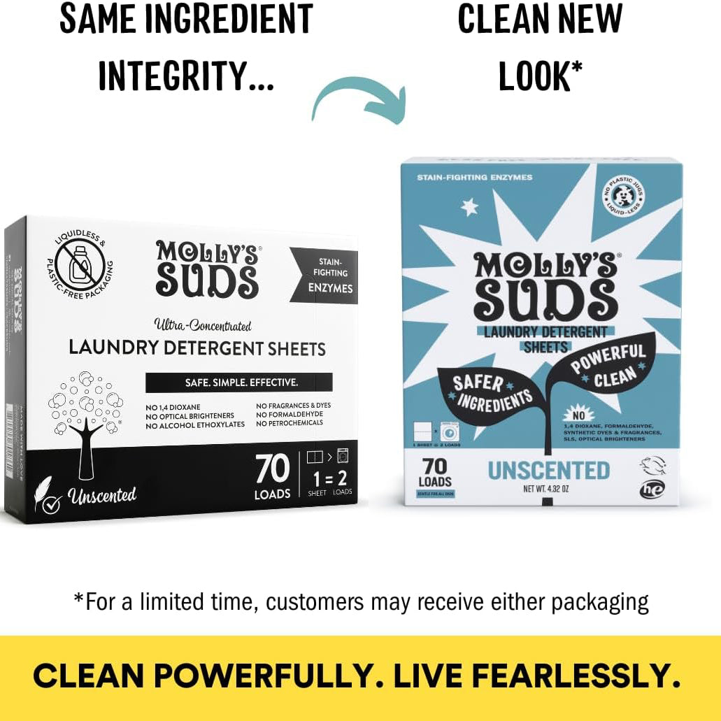 New packaging for the natural unscented Molly Suds laundry detergent sheets  - for powerful laundry cleaning 