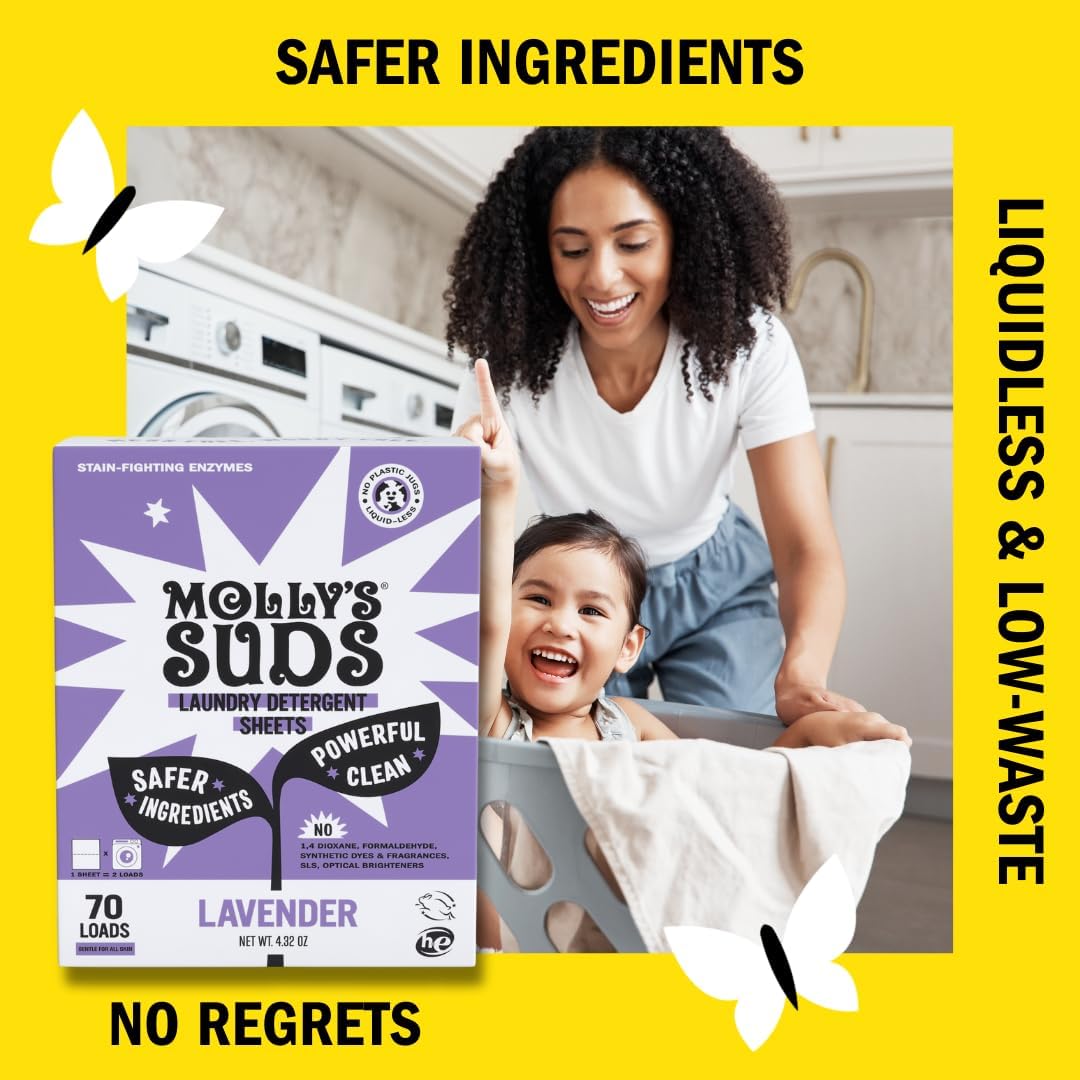 Molly Suds lavender laundry detergent sheets are made with safer ingredients for a liquidness & low-waste clean