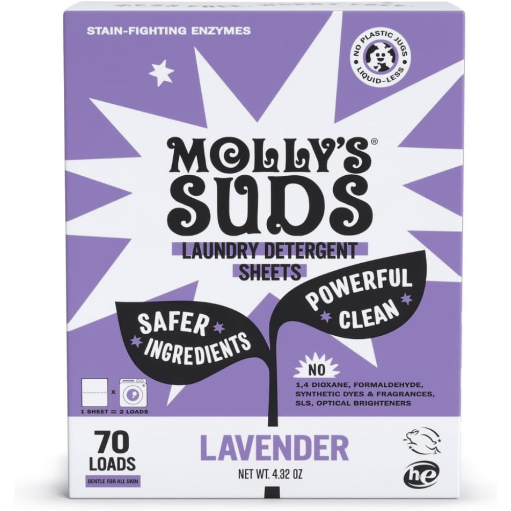 Box of Molly's Suds laundry detergent sheets with safer ingredients fir a powerful clothes clean